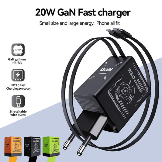 W&O GaN Fast Charging Cable Type C 20W and Lightning Liquid Silicone Cable for iPhone 14 15 Pro Max Xiaomi Realme Redmi 