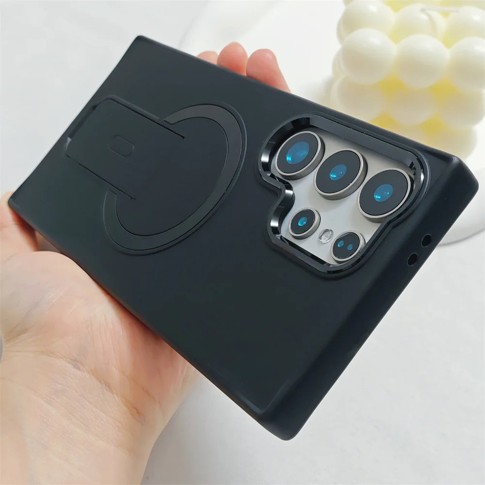 Luxury Fold For Magsafe Magnetic Stand Phone Case For Samsung S25 Edge Plus S23 S24 Ultra Plating Lens Frame Matte Frosted Cover