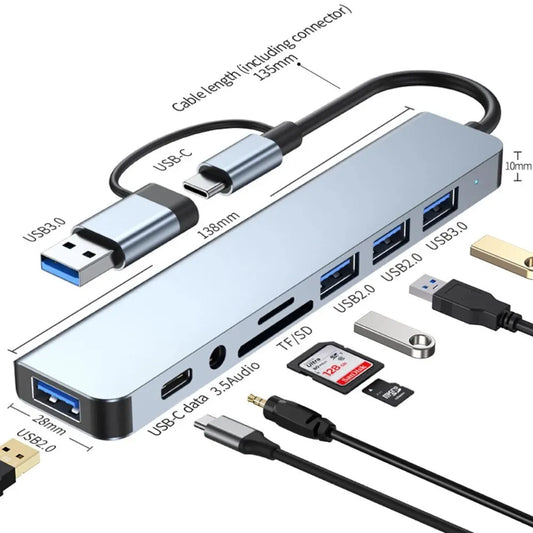 USB C Hub USB Splitter 8 in 2 USB Extender with 4 USB Port 1 USBC Port TF/SD Card Reader Audio Output Compatible with MacBook - covers4phones