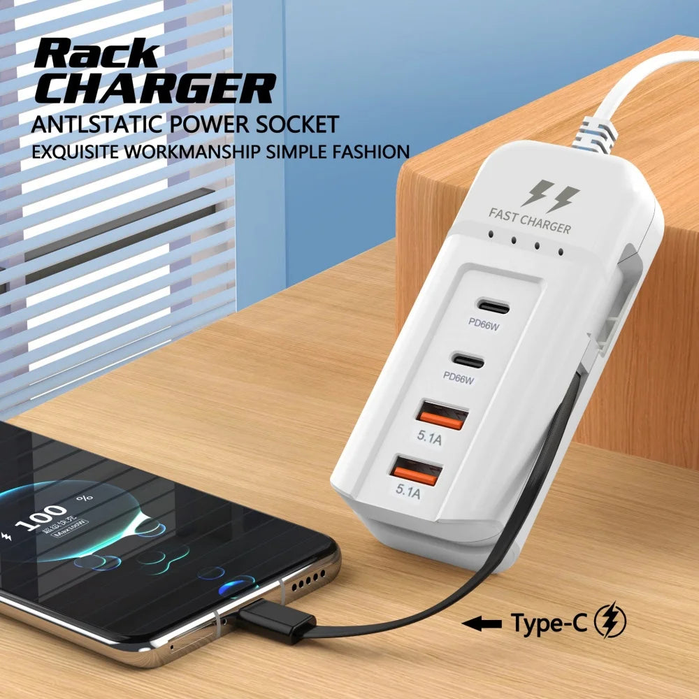 66W PD Fast Charging Wall USB Chargers USB Hub Adapter 4 Ports USB Type C EU US UK Plug Extension Type C Cable Socket Outlet