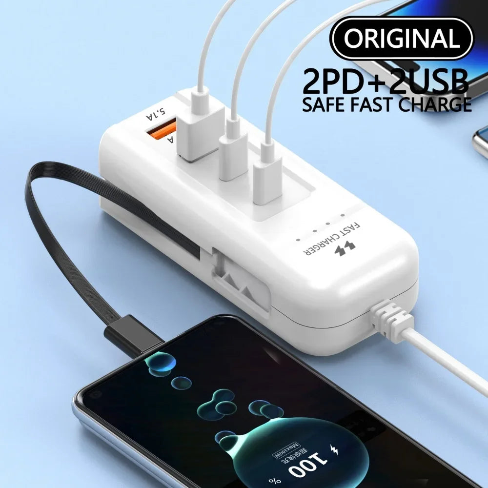 66W PD Fast Charging Wall USB Chargers USB Hub Adapter 4 Ports USB Type C EU US UK Plug Extension Type C Cable Socket Outlet