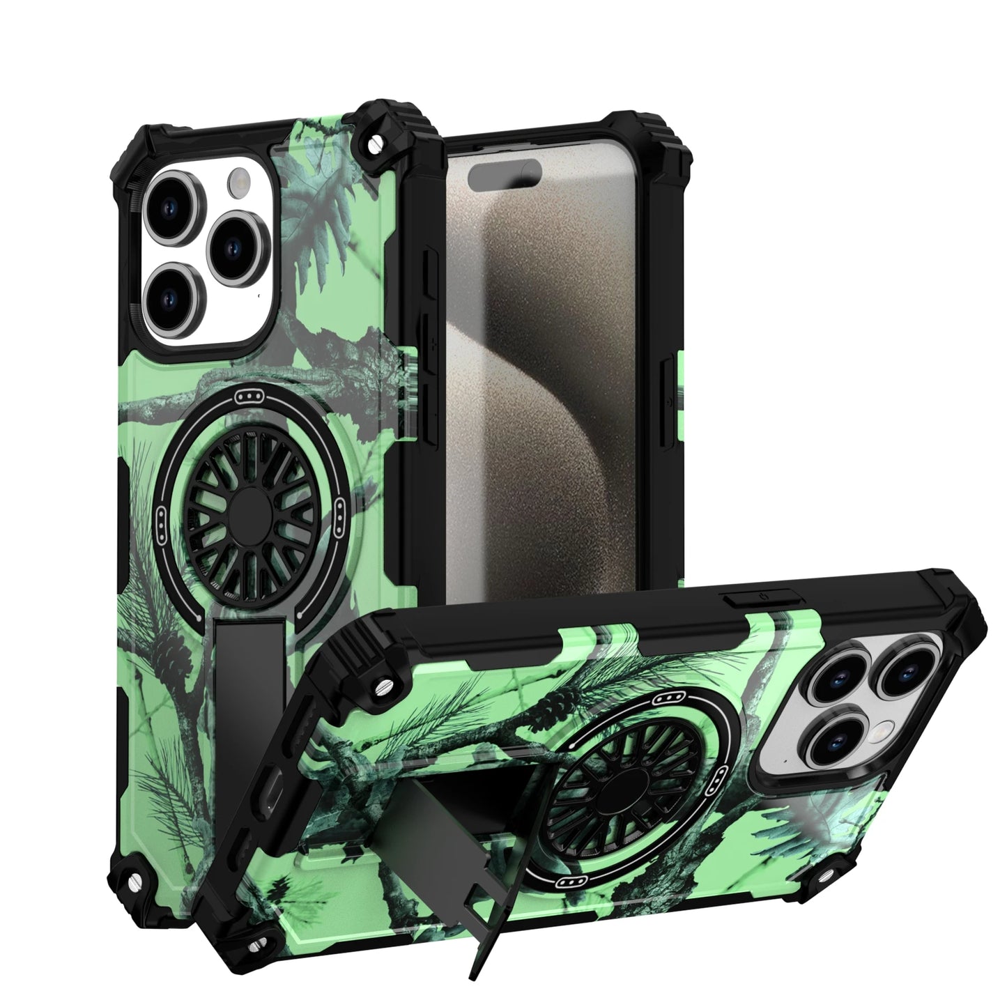 Camouflage Army Green Carbon Magnetic Phone Case Stand For Magsafe iPhone 16 15 PM 14 Plus 13 12 Pro Max 11 16e Protection Cover