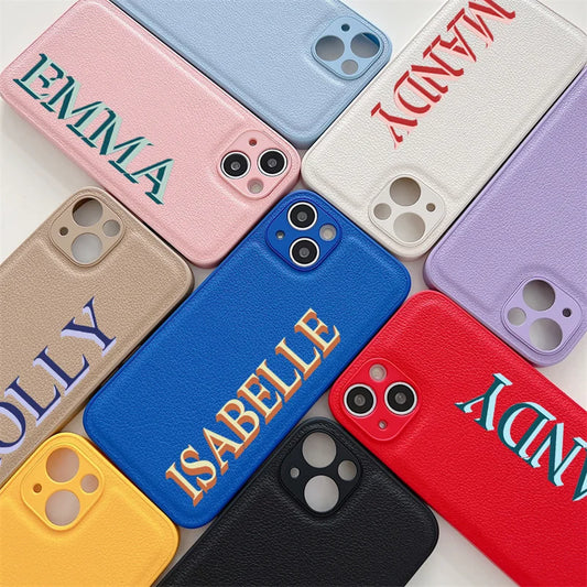 3D Colorful Personalised Name Case For iPhone 11 12 13 14 15 16 Pro Max XR XS MAX 7 8 Plus Luxury Korea Leather Customized Cover - covers4phones