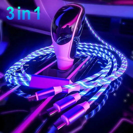3 in 1 Fast Charging Cable with LED Lighting, 3A, Micro USB Type C, for IPhone, Samsung, Xiaomi, Phone Charger - covers4phones