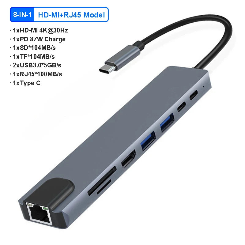 USB C Docking Station PD 100W USB C HUB Type C to HDMI-Compatible Adapter 4K 30Hz VGA RJ45 USB 3.0 HUB USB Splitter for MacBook