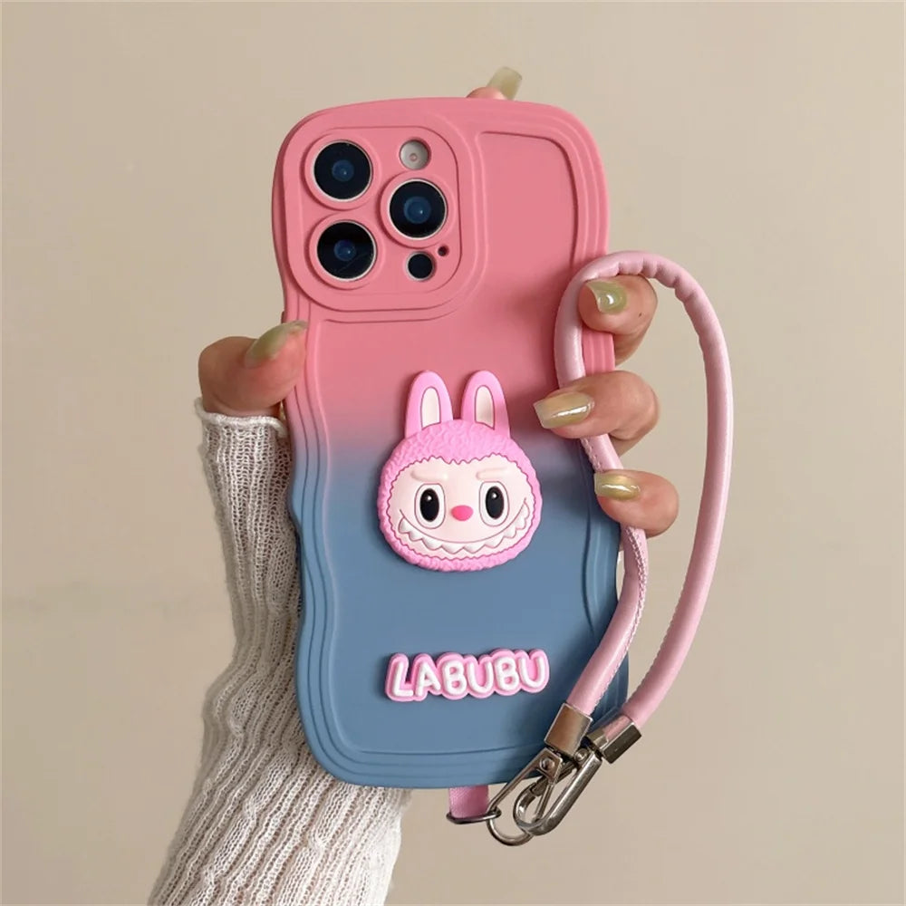 Cartoon Cute Animals Gradient Wavy Soft Phone Case with Wrist Strap For iPhone 16 Pro Max 16e 15 14 Plus 13 12 11 X XR XS 7 8 6