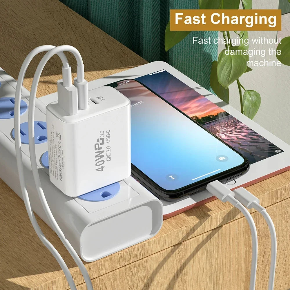 USB C Charger 40W Mobile Phone Type-C PD Fast Charging High Speed Quick Charge 3.0 Wall Adapter Multiple Ports for iPhone Xiaomi - covers4phones