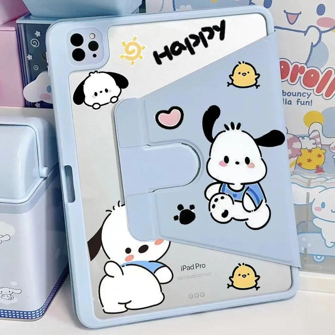 Sanrio Pochacco Cartoon Case For Pro 2020 11in 8th 9th 10th Generation Air 3 4 5 Mini 6 2017 2018 9.7 With Pen Slot Rotate Cover