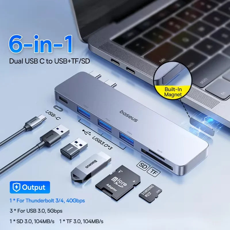 Baseus Dual USB-C Hub to HDMI-Compatible 4K 30Hz For Thunderbolt 3/4 40Gbps USB 3.0 Type C HUB SD TF For MacBook Pro Air USB Hub
