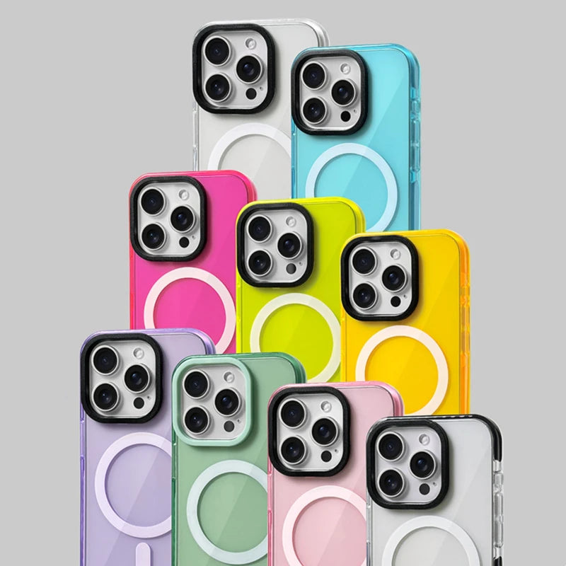 Transparent Neon Color MagSafe Phone Case for iPhone 15 16 Pro Max 15pro 13 14 12 Wireless Charging Soft Silicone Bumper Cover - covers4phones