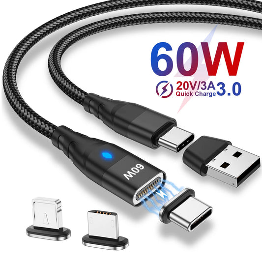 60W Magnetic Cable Fast Charging USB C To TypeC Micro Magnetic Data Cord For iPhone Samsung Magnet Charger Wire USB A Adapter - covers4phones