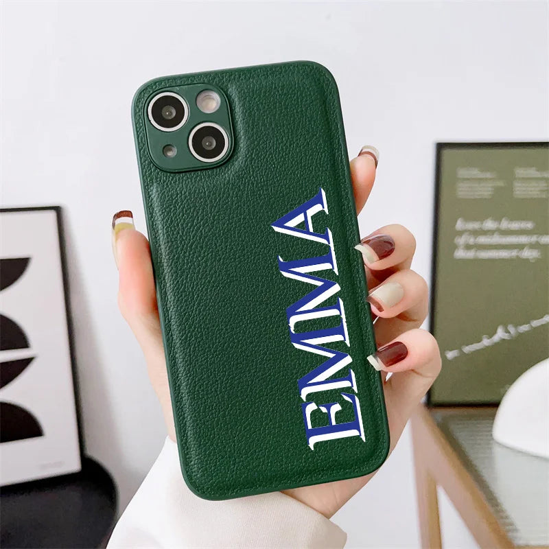 3D Colorful Personalised Name Case For iPhone 11 12 13 14 15 16 Pro Max XR XS MAX 7 8 Plus Luxury Korea Leather Customized Cover - covers4phones