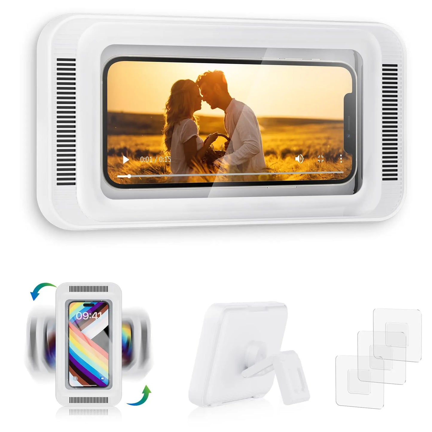 Shower Phone Holder with Speaker 480 Rotation, Wall Phone Mount for Shower Waterproof Anti Fog Shower Case for 4-7" Phones