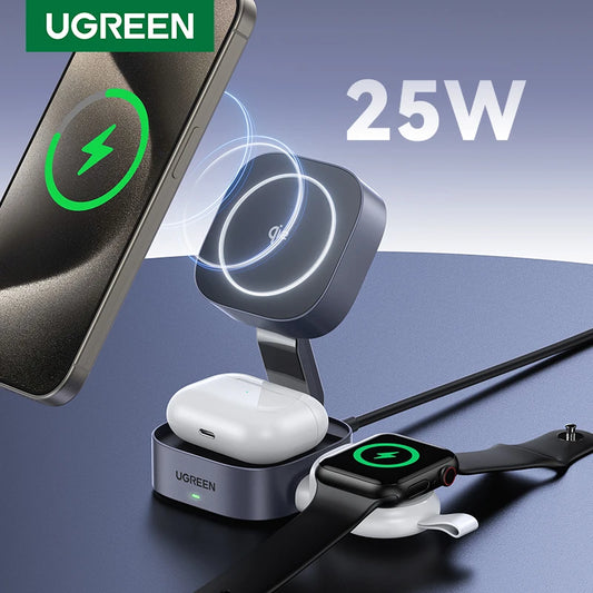 UGREEN Qi2 25W Magnetic Wireless Charger Stand 2-in-1 Charging Stand For iPhone 15 16 Pro Max/AirPods For MagSafe Fast Charger - covers4phones