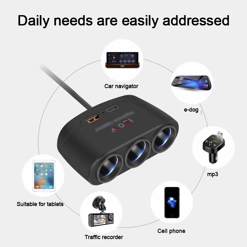 Car Charging Adapter One Tow Three Conversion Head with USB+PD Extended High Power 12V24V Universal Model - covers4phones