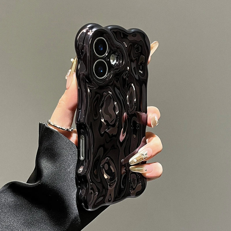 Glossy Wrinkle Plating Wave Border Phone Case for iPhone 16 15 Pro Max Plus 11 12 13 14 Meteorite Pattern Soft Silicone Cover