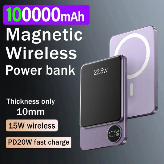 Wireless Power Bank Magnetic 100000mAh Portable Powerbank Type C Fast Charger For iPhone Xiaomi Samsung All Magsafe Series Phone - covers4phones