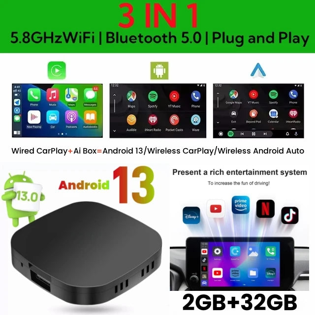 Carplay AI Box Android 13 Wireless Android Auto Smart TV Box For Youtube Netflix Toyota Mazda Hyundai Haval GMC Ford MG VW Kia - covers4phones