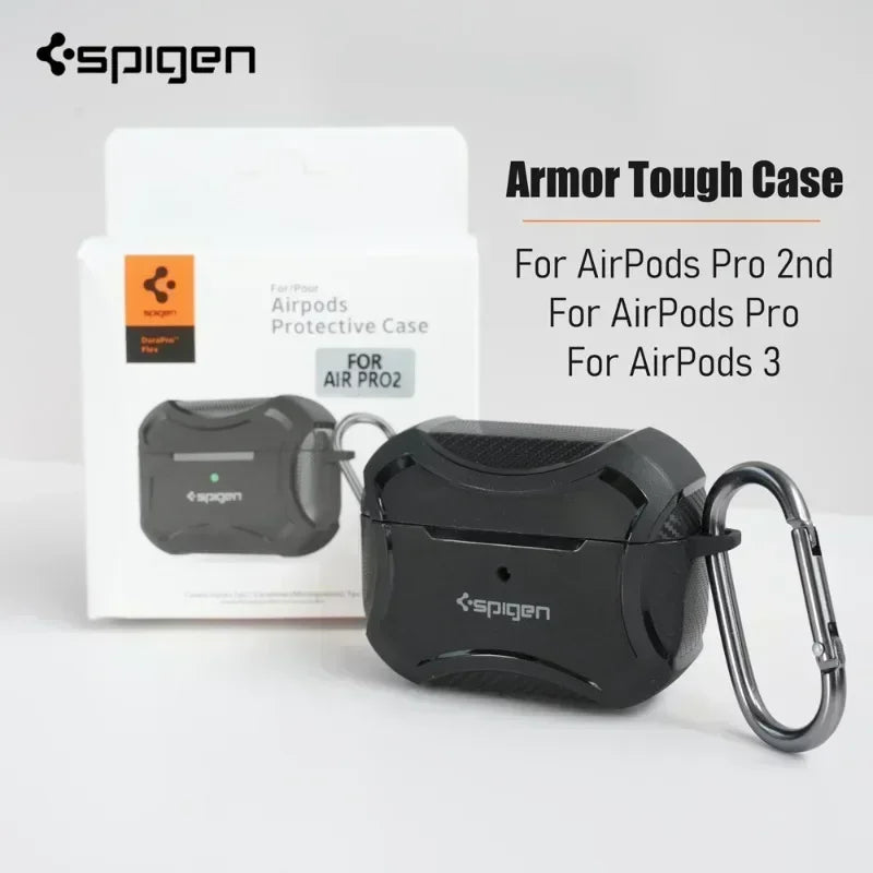 Carbon Fiber Texture Armor Rugged Earphone TPU Case For Spigen Airpods Pro 2/Pro/Airpods 3 Full Protective Case with Metal Hook - covers4phones