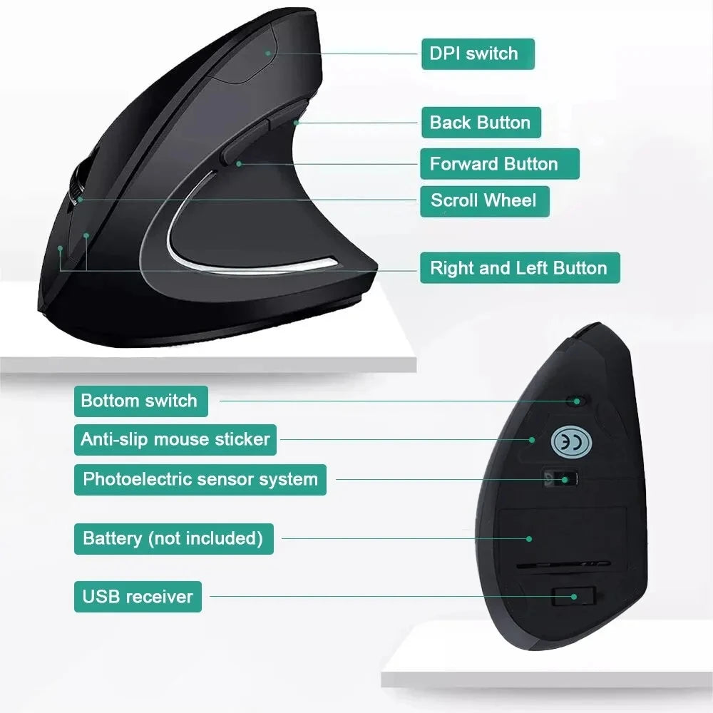 Vertical Mouse Ergonomic 2.4GHz Wireless Optical Mice 3 Adjustable DPI 800/1200/1600 6 Buttons for Laptop PC Computer Desktop - covers4phones