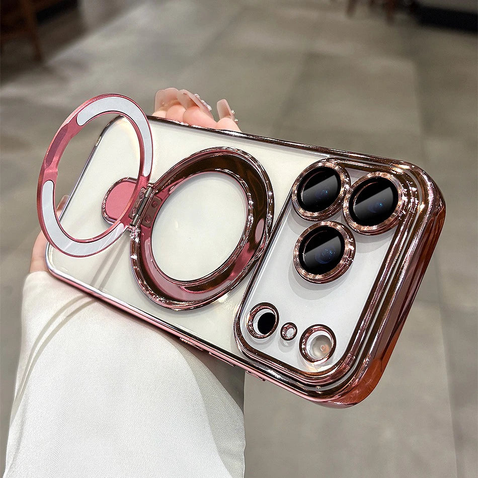 for iphone 17 Air Case Plating Magsafe Magnetic Bracket Case for iPhone 17 16 Pro 13 12 Max 15 14 16 Plus 17PRO Transparent Cove