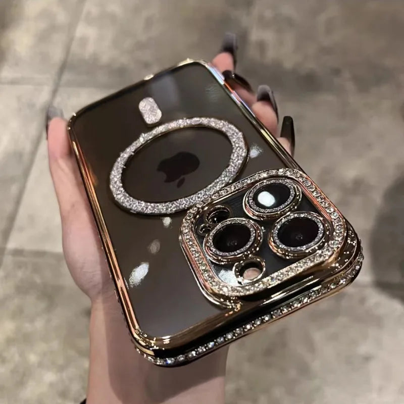 Bling Glitter Rhinestone Magnetic Wireless Charge Case for iPhone 16 15 14 13 12 11 Pro Max Plus Shockproof Pink Jewelled Cover - covers4phones