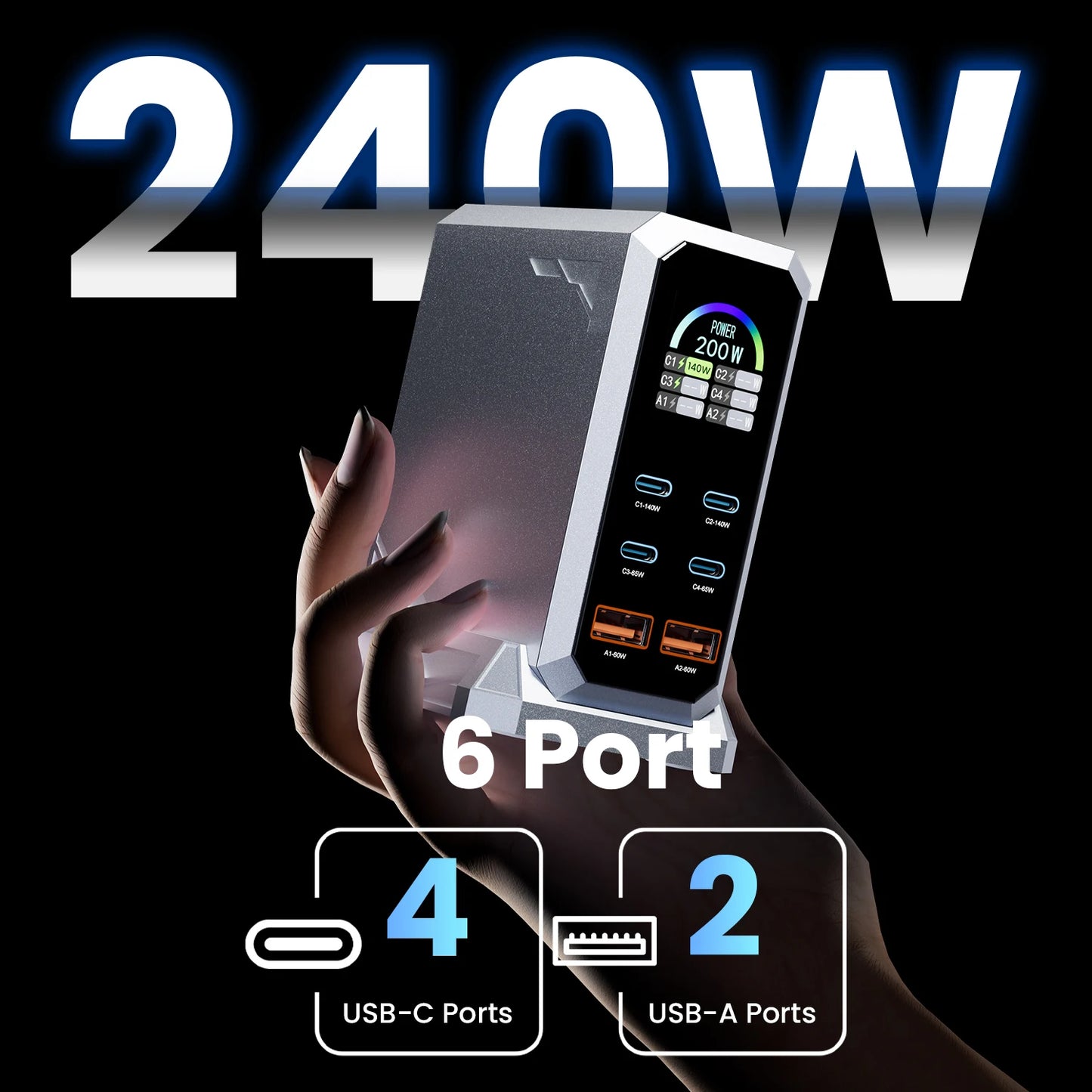 240W Digital GaN Charger PD3.1 140W USB Type C 6 Ports Desktop Fast Charging Station for IPhone Samsung Xiaomi MacBook Laptops