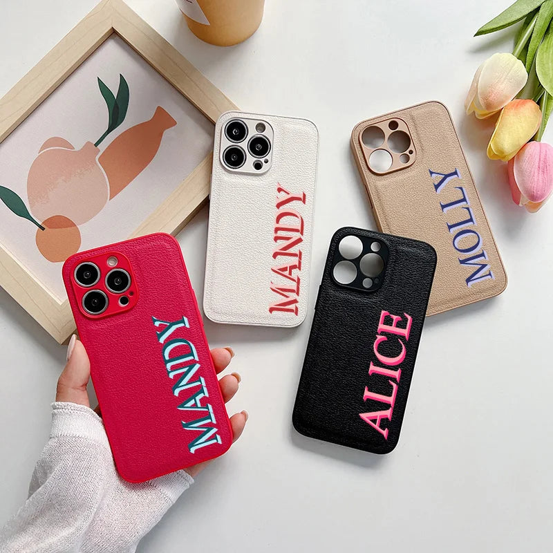 3D Colorful Personalised Name Case For iPhone 11 12 13 14 15 16 Pro Max XR XS MAX 7 8 Plus Luxury Korea Leather Customized Cover - covers4phones