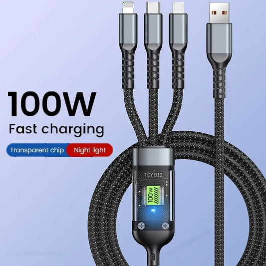 3 In 1 100w Transparent Fast Charging Cable Type C Usb Micro For Huawei OPPO Vivo Samsung Xiaomi Pilot Lamp Charger Usb C 6A - covers4phones