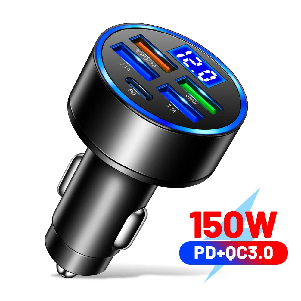 66-250W PD Car Charger QC3.0 Fast Charge One to Six Car Cigarette Lighter Plug Car Charger Flash Charge with Digital Display - covers4phones