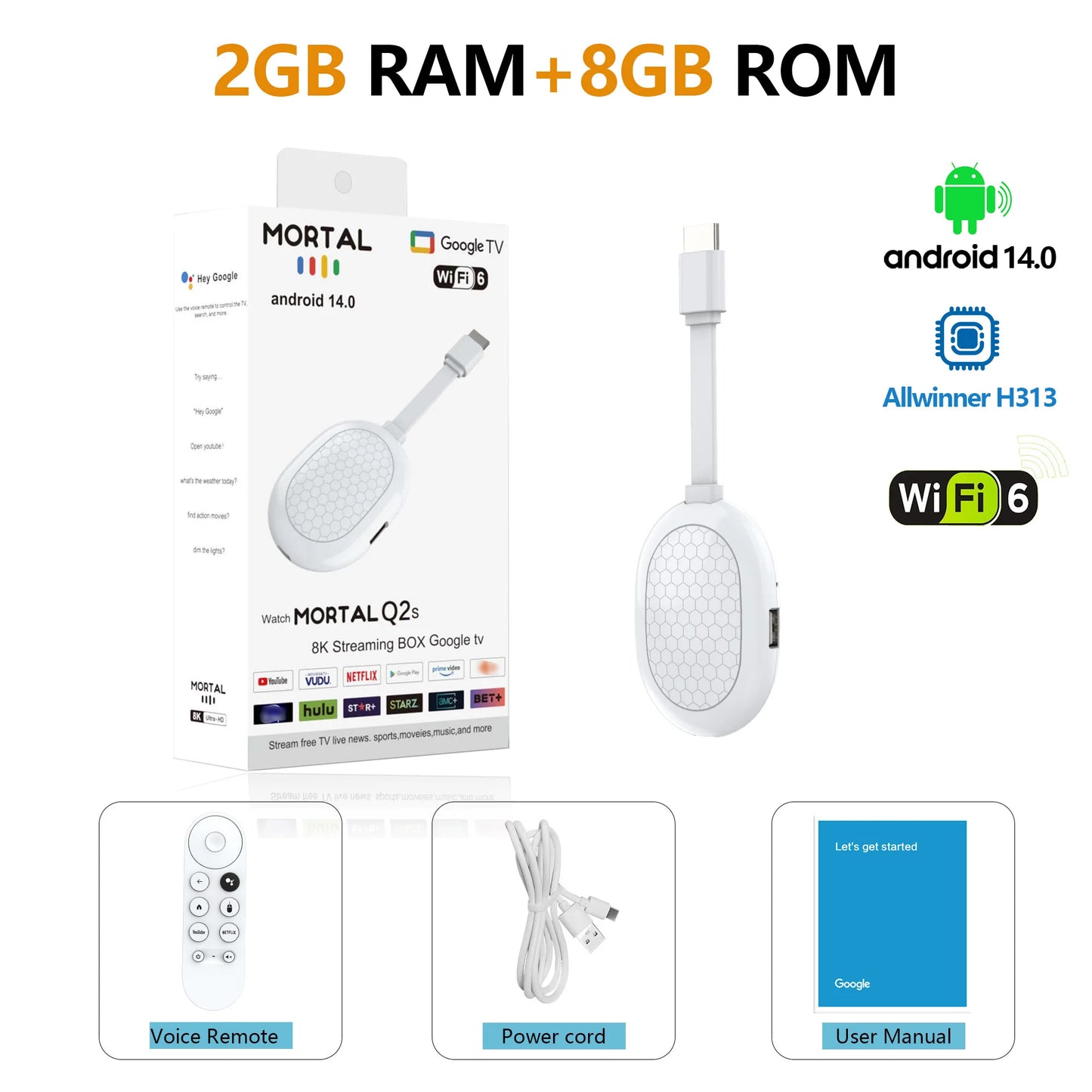 Mortal Android 14.0 Smart TV Stick Q2S Allwinner H313 Wifi6 BT5.X Voice Remote 4K HDR10 2G16G Netflix Decoding Android Mini Box