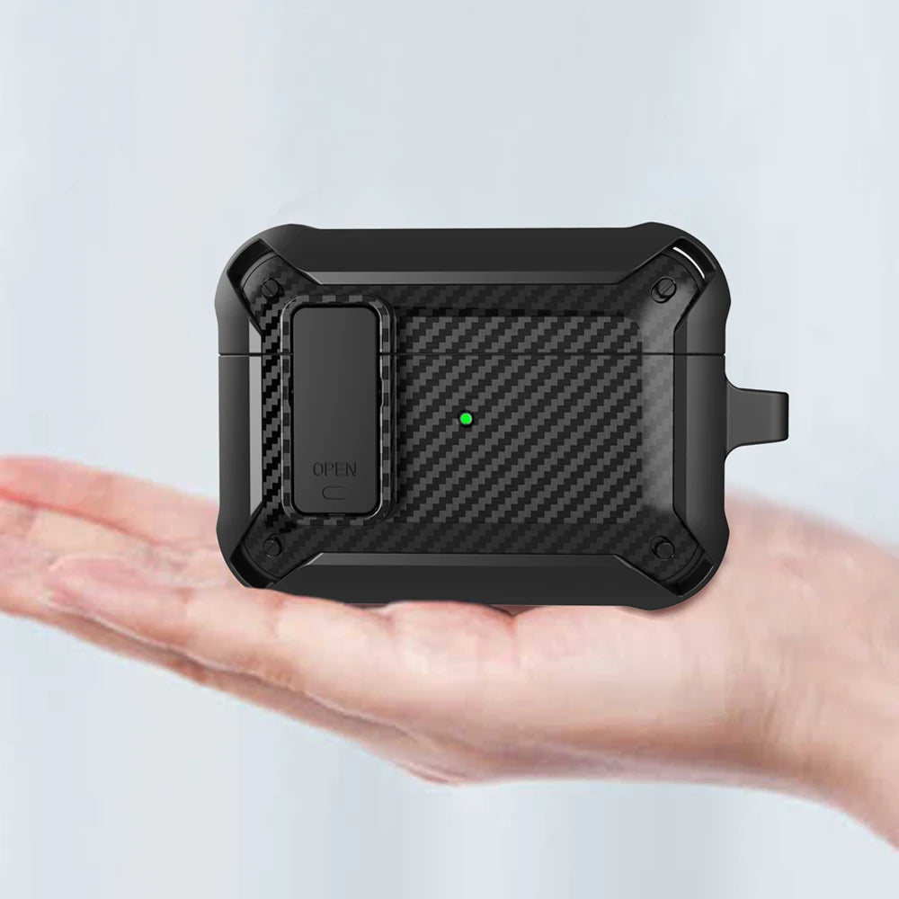 Security Lock Cover For Airpods Pro 2 Case Luxury Carbon Fibre Switch Earphone Case With Keychain For Airpods 3 1 Shockproof Box - covers4phones