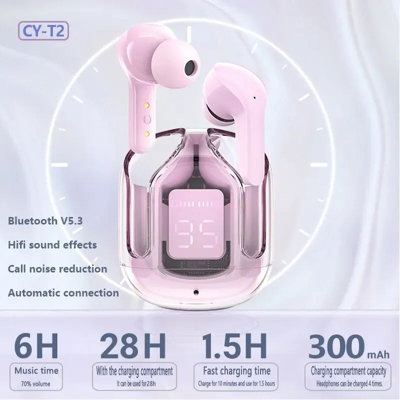 TWS Wireless Earphones Transparent Bluetooth In Ear Headset ENC Sports Headphones LED Power Digital Display Stereo Sound Earbuds - covers4phones