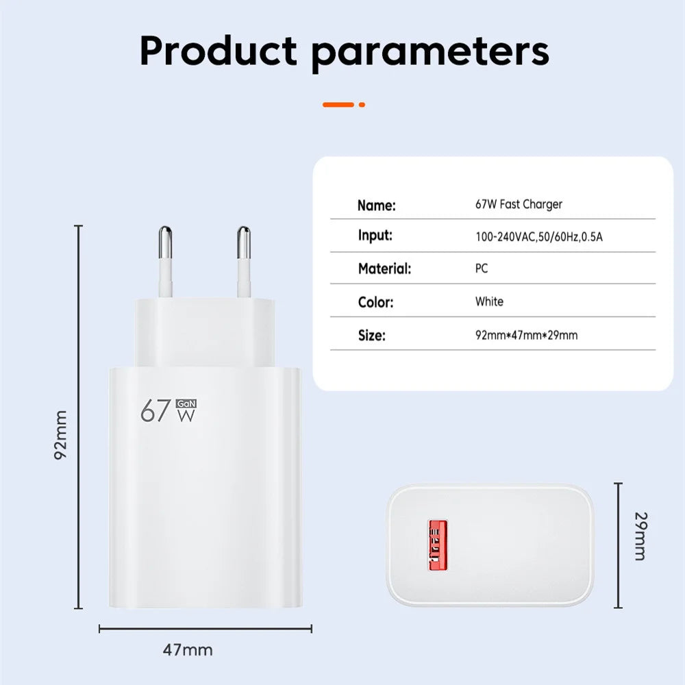 Total 67W GaN USB Charger Fast Charging Mobile Phone Adapter USB Quick Charger QC3.0 Adapter For iPhone15 Samsung Xiaomi Redmi - covers4phones