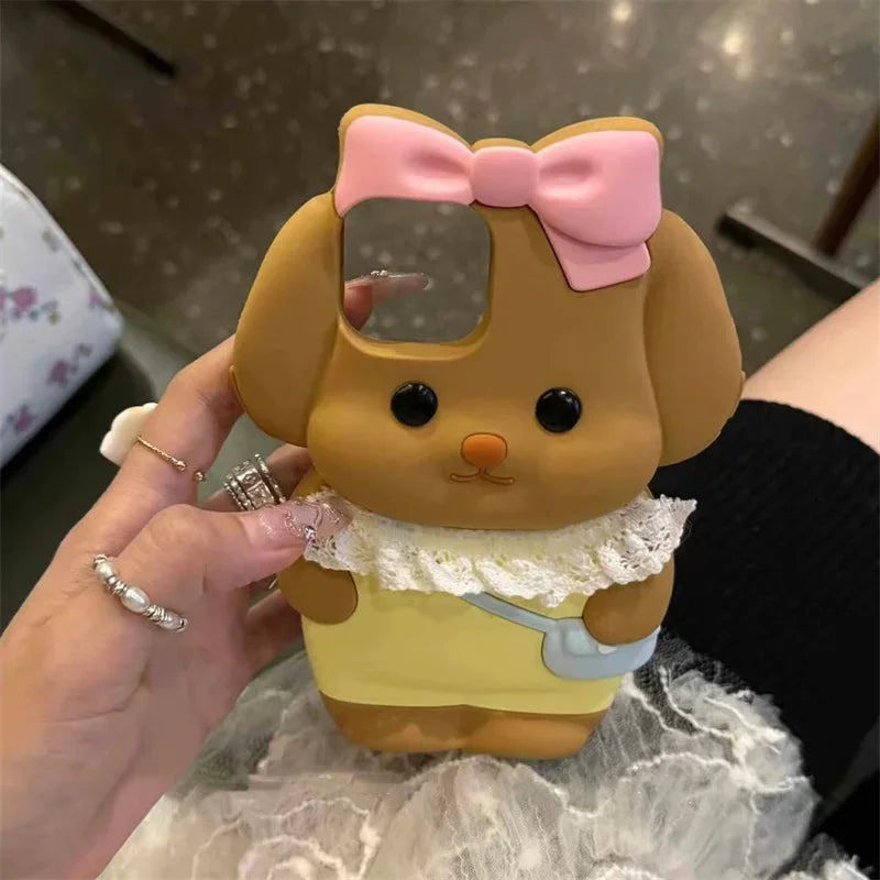 Silicone Cartoon Pink Bow Dog Suitable For Iphone 16 15 Pro Max 12 13 14 All Inclusive Protective Case