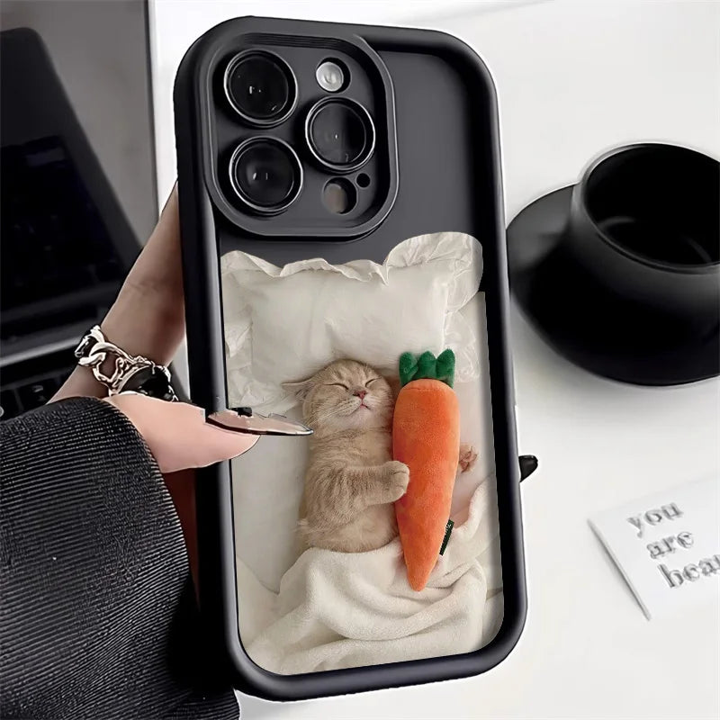 Candy Color Cute Cat Phone Case For iPhone 11 Case iPhone 13 15 Pro 12 16 14 Pro Max XR XS X 7 8 Plus SE Matte Shockproof Cover - covers4phones