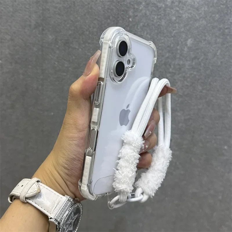 Hybrid Color Transparent Armor Case For iPhone 16 15 14 11 12 13 Pro Max Plus X Xr Xs Plush Wrist Strap Airbag Shockproof Cover