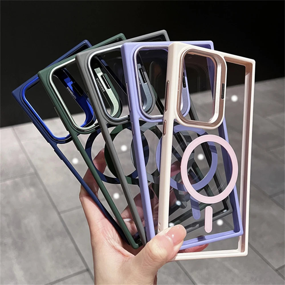 Camera Bracket Magnetic Clear Case For Samsung S24 S25 Ultra S23 S22 Plus For Magsafe Wireless Charge Shockproof Bumper Cover - covers4phones