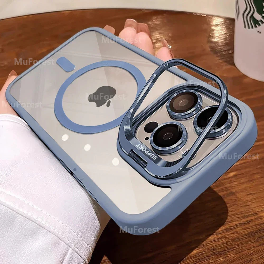 Stand Holder Cases For iPhone 16 15 14 13 12 11 Pro Max Plus For Magsafe Magnetic Clear Camera Flip Cap Lens Protection Cover - covers4phones