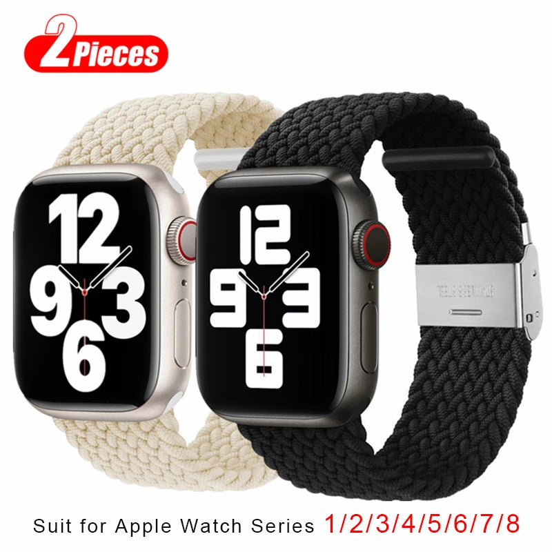 2pcs Braided Solo Loop For Apple Watch Band 44mm 40/49/45/41/42/38mm Elastic Nylon Belt Bracelet IWatch Series 7 3 SE 6 8 Ultra - covers4phones