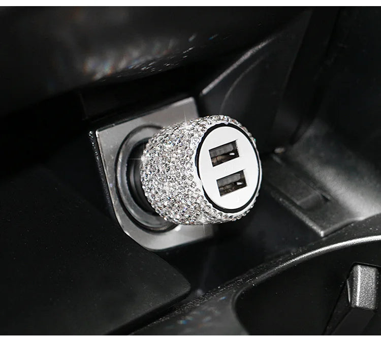 Dual USB Car Charger Bling Bling Handmade Rhinestones Crystal Car Decorations for Fast Charging Car Decors for iPhone/Samsung