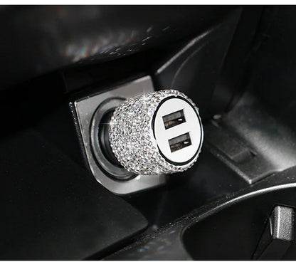 Dual USB Car Charger Bling Bling Handmade Rhinestones Crystal Car Decorations for Fast Charging Car Decors for iPhone/Samsung