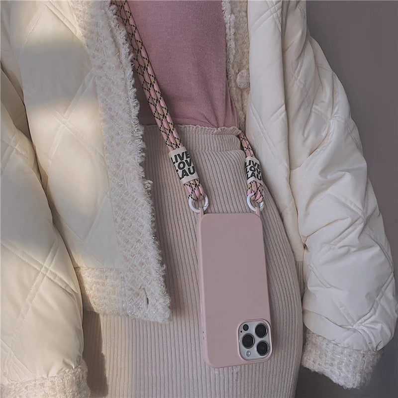 Fashion Crossbody Lanyards Necklace Liquid Silicone Case For iPhone 16 15 14 13 11 12 Pro Max Mini XS XR X 8 7 Plus Matte Cover
