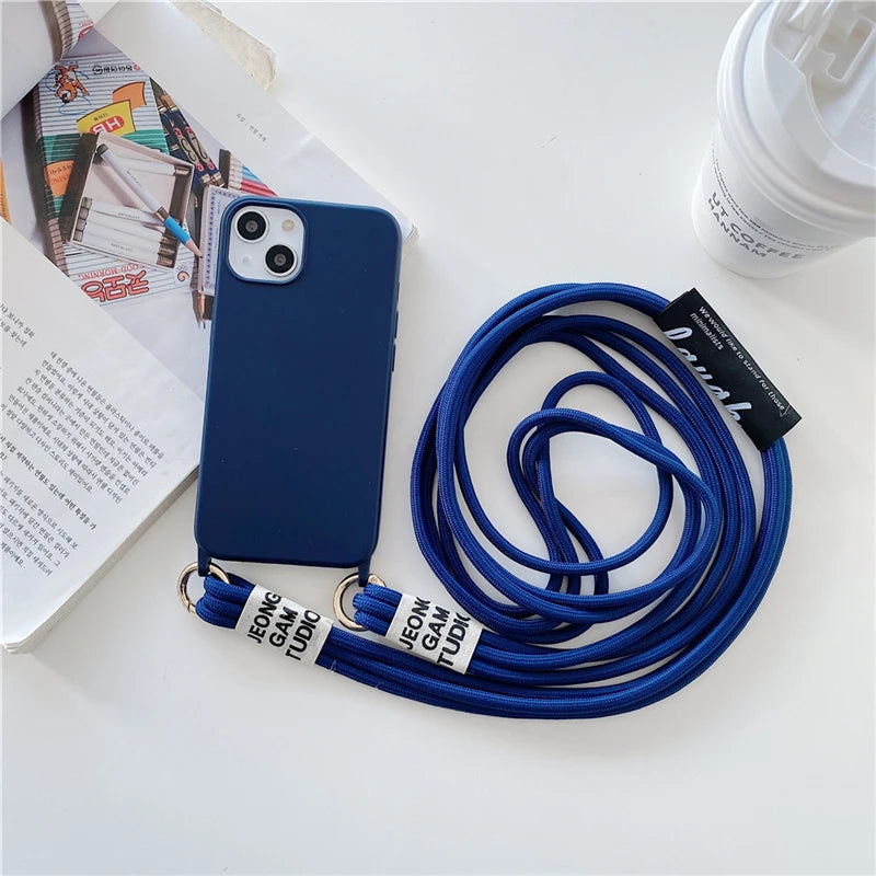 Fashion Crossbody Lanyards Necklace Liquid Silicone Case For iPhone 16 15 14 13 11 12 Pro Max Mini XS XR X 8 7 Plus Matte Cover