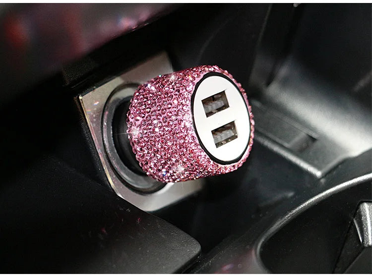 Dual USB Car Charger Bling Bling Handmade Rhinestones Crystal Car Decorations for Fast Charging Car Decors for iPhone/Samsung