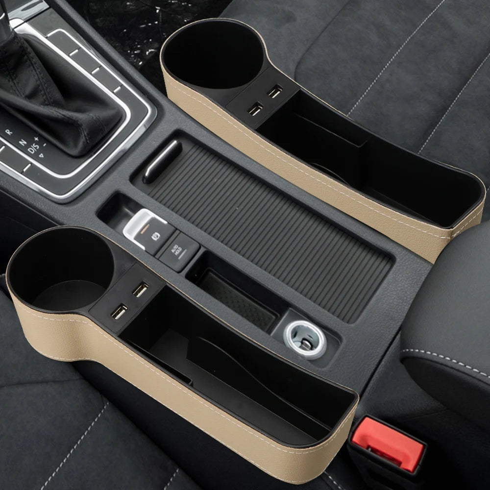 Car Organizer Auto Crevice Pocket Phone Bottle Cups Holder Seat Gap Leather Storage Box Car Accessories,USB Chargers Optional