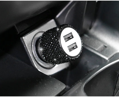 Dual USB Car Charger Bling Bling Handmade Rhinestones Crystal Car Decorations for Fast Charging Car Decors for iPhone/Samsung
