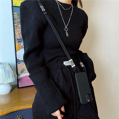 Fashion Crossbody Lanyards Necklace Liquid Silicone Case For iPhone 16 15 14 13 11 12 Pro Max Mini XS XR X 8 7 Plus Matte Cover