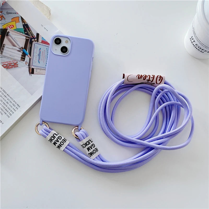 Fashion Crossbody Lanyards Necklace Liquid Silicone Case For iPhone 16 15 14 13 11 12 Pro Max Mini XS XR X 8 7 Plus Matte Cover