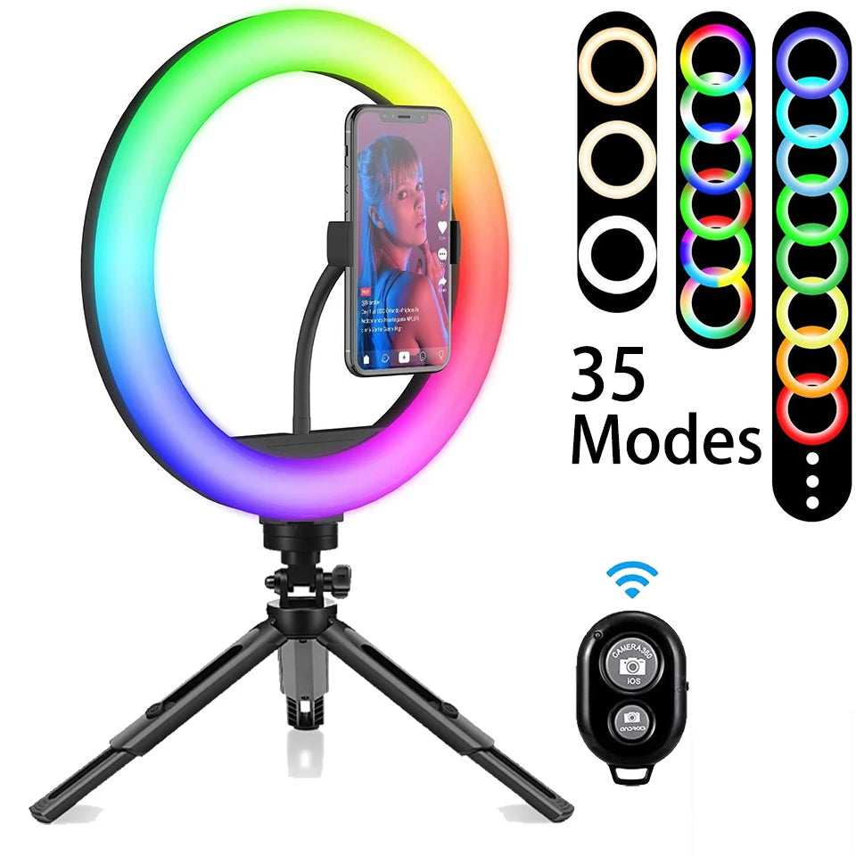 Selfie Ring Light 26cm RGB Fill LED RingLight Selfie Lamp Photography Lighting Mobile Holder Tripod Stand For Video Youtube Live